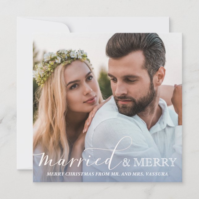 Newlywed Photo Married and Merry Blue Ombre Holiday Card (Front)