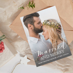 Newlywed Photo Married and Merry Grey Ombre Holiday Card