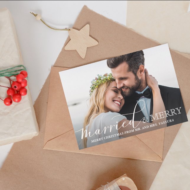 Newlywed Photo Married and Merry Watercolor Wreath Holiday Card (Newlywed Photo Married and Merry Watercolor Wreath Holiday Card)
