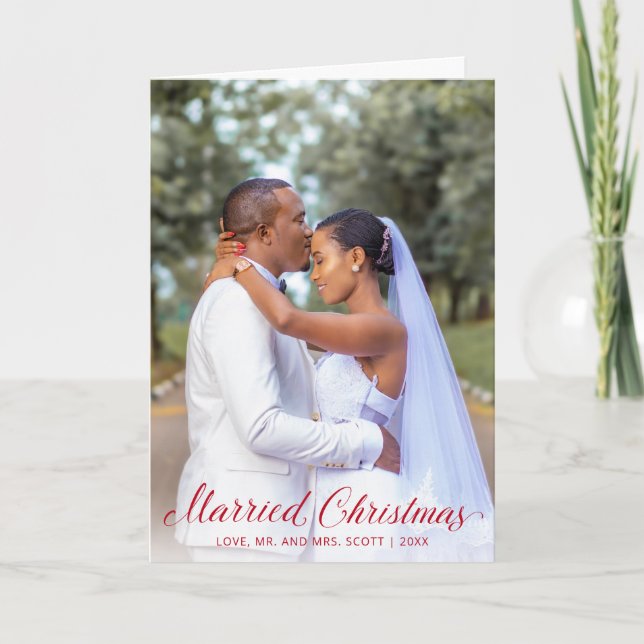 Newlywed Photo Red Script Married Christmas Holiday Card (Front)