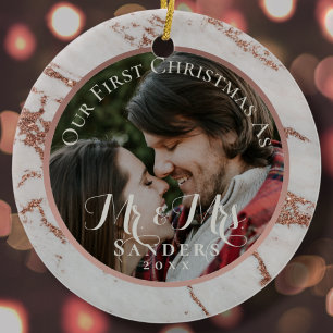 Newlywed Photo Rose Gold Glitter Marble Christmas Ceramic Tree Decoration