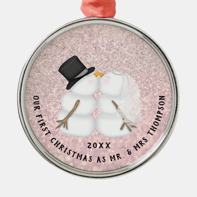 Newlywed Pink Snow Couple First Christmas Metal Tree Decoration (Front)