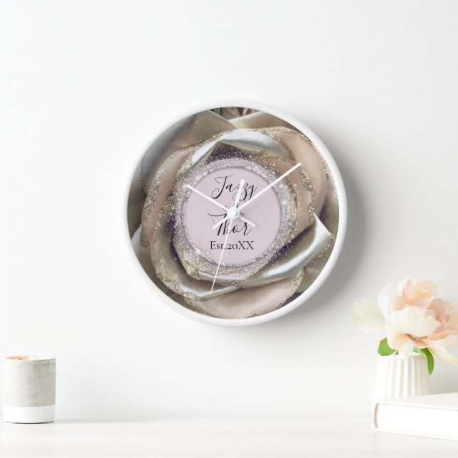 Newlywed Silver Rose Petals Personalised  Clock (Home)