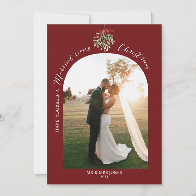 Newlywed Watercolor Mistletoe Photo Holiday Card (Front)