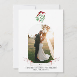 Newlywed Watercolor Mistletoe Photo Holiday Card