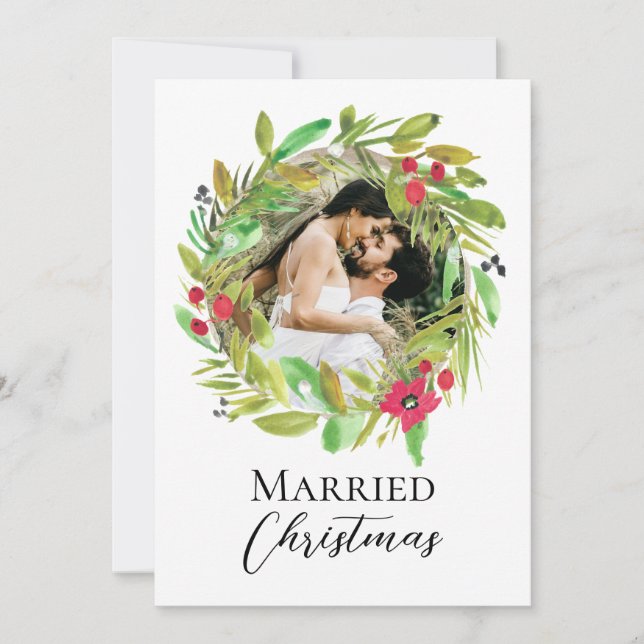 Newlywed Watercolor wreath Photo Married Christmas Holiday Card (Front)