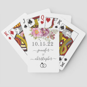 NEWLYWED Wedding Date with Names, Pink Florals Playing Cards