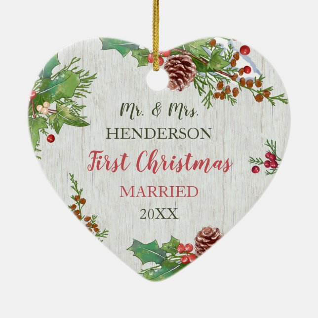 Newlyweds 1st Christmas Custom Photo Rustic Ceramic Tree Decoration (Back)