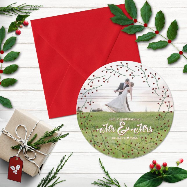 Newlyweds 1st Christmas Mr & Mrs Holly Photo Holiday Card (Creator Uploaded)