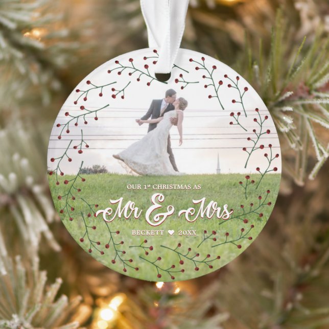 Newlyweds 1st Christmas Mr & Mrs Holly Photo Ornament (Tree)