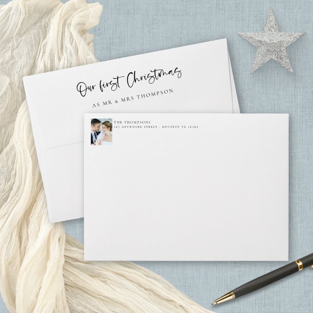 Newlyweds 1st Christmas Photo Name Return Address Envelope (Front and back flap views)