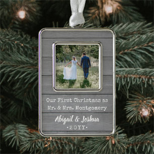 Newlyweds 1st Xmas Photo Rustic Faux Grey Wood Silver Plated Framed Ornament