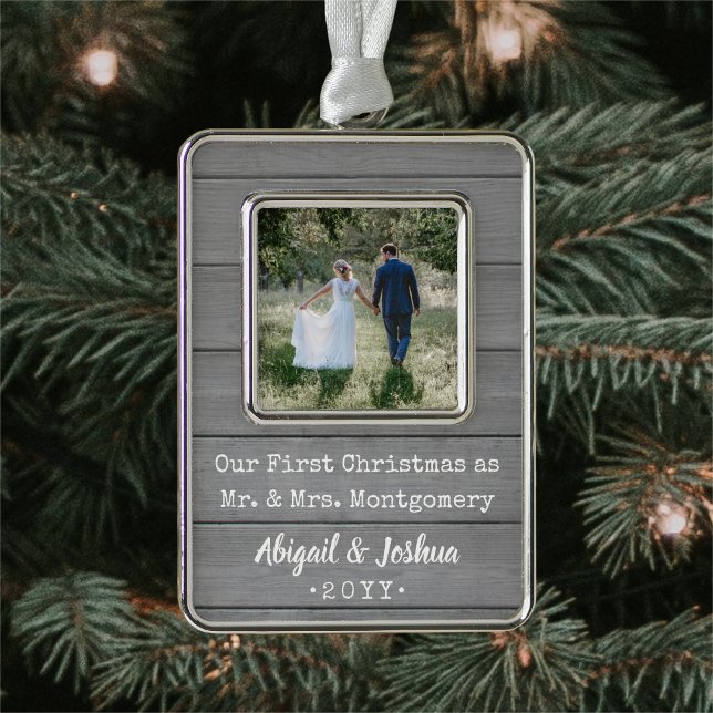 Newlyweds 1st Xmas Photo Rustic Faux Grey Wood Silver Plated Framed Ornament (Creator Uploaded)