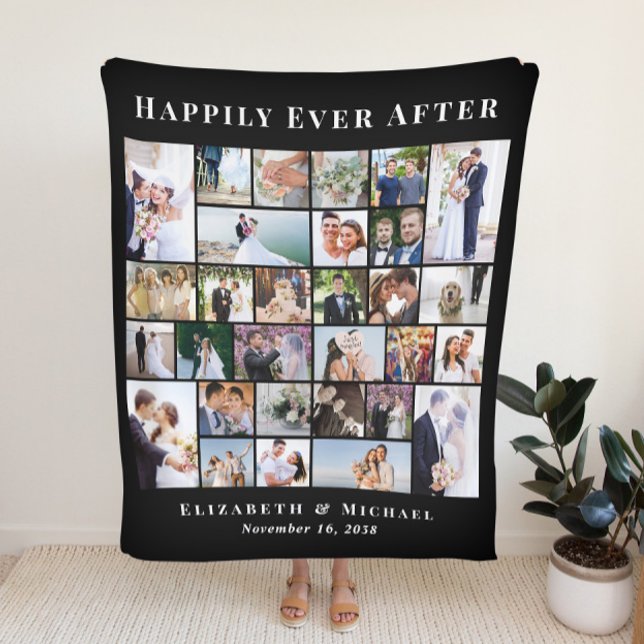 Newlyweds 30 Photo Collage Black Wedding Fleece Blanket (Creator Uploaded)