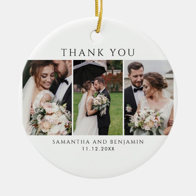 Newlyweds 3 Photo Wedding Thank You Christmas Ceramic Tree Decoration (Front)