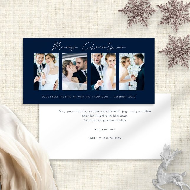Newlyweds 4 Photos Navy Merry Christmas Holiday Card (Front and back view)