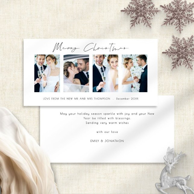 Newlyweds 4 Photos White Merry Christmas Holiday Card (Front and back view)