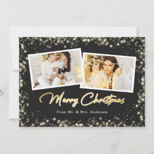 Newlyweds Black White Gold Plaid Photo Christmas Holiday Card