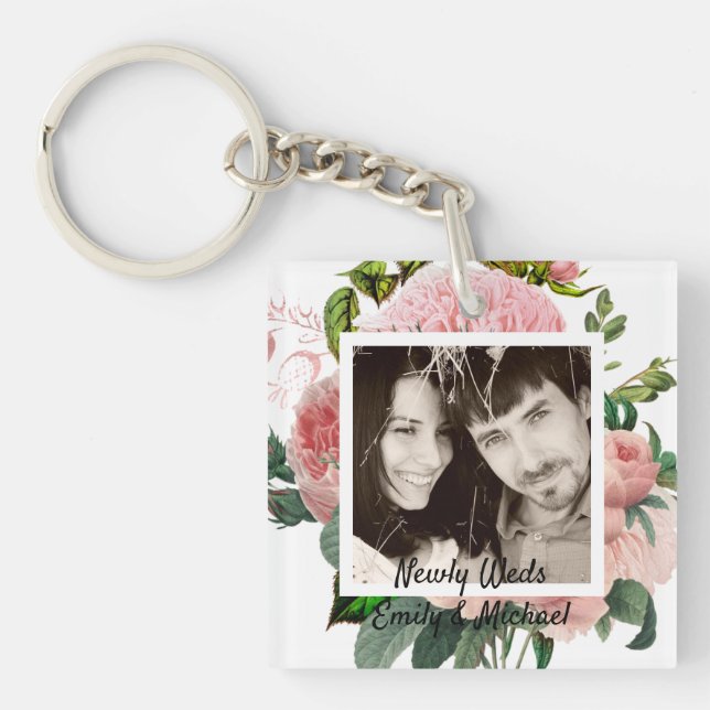 Newlyweds Blush Pink Roses Botanical Floral PHOTO Key Ring (Front)
