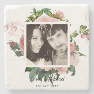 Newlyweds Blush Pink Roses Botanical Floral PHOTO Stone Coaster
