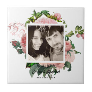 Newlyweds Blush Pink Roses Botanical Floral PHOTO Tile