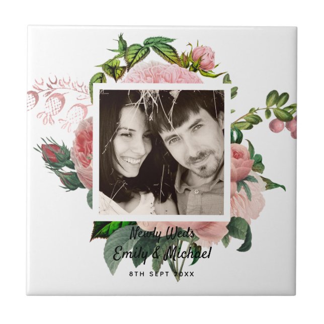 Newlyweds Blush Pink Roses Botanical Floral PHOTO Tile (Front)