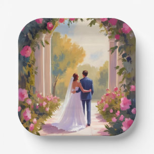 Newlyweds Bride & Groom Wedding Painting Paper Plate