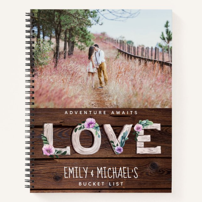 Newlyweds BUCKET LIST Photo Rustic Purple Floral Notebook (Front)
