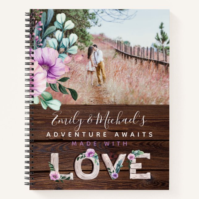 Newlyweds BUCKET LIST Photo Rustic Purple Floral Notebook (Front)