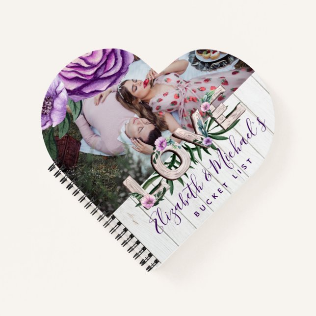 Newlyweds BUCKET LIST Photo Rustic Purple Floral Notebook (Front)