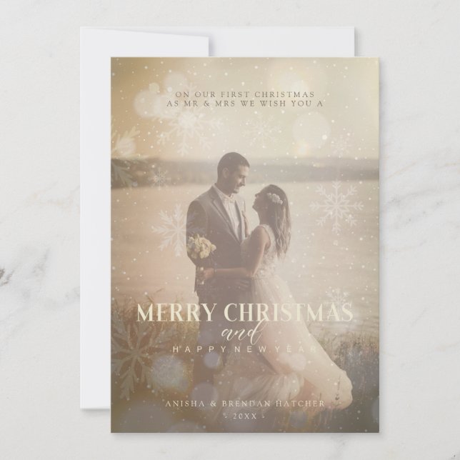 Newlyweds Custom Photo Elegant Golden Snowflake Holiday Card (Front)