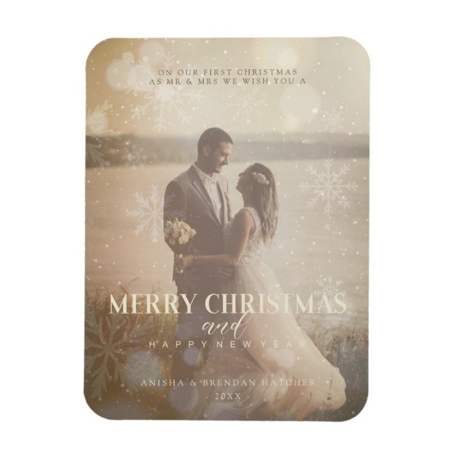 Newlyweds Custom Photo Elegant Golden Snowflake Magnet (Vertical)
