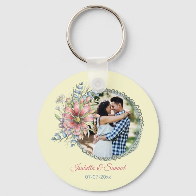 Newlyweds Custom Photo Names Wedding Date Keychain (Front)