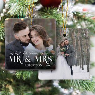 Newlyweds First Christmas as Mr & Mrs 2 Photo Ceramic Ornament