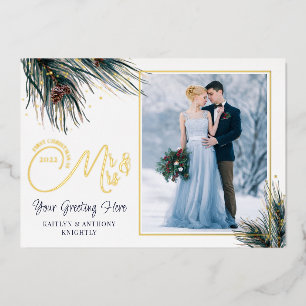 Newlyweds First Christmas Mr Mrs Watercolor Pine Foil Holiday Card