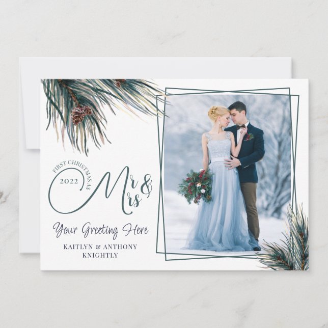 Newlyweds First Christmas Mr Mrs Watercolor Pine Holiday Card (Front)