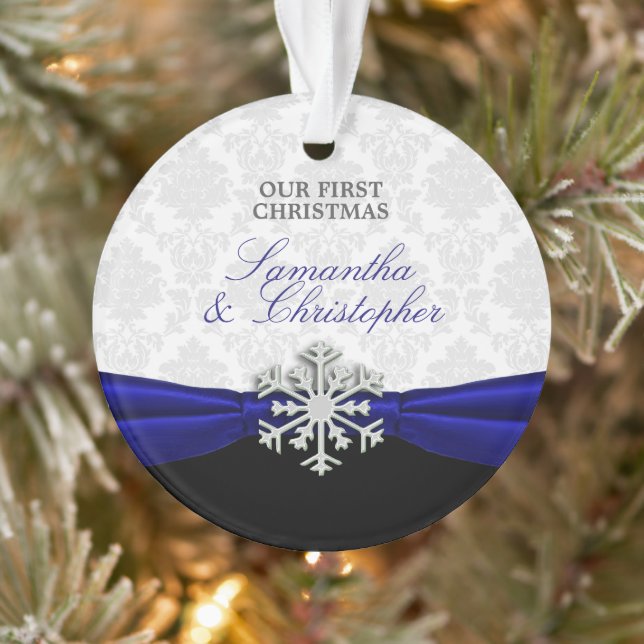 Newlywed's First Christmas Royal Blue Ribbon Ornament (Tree)