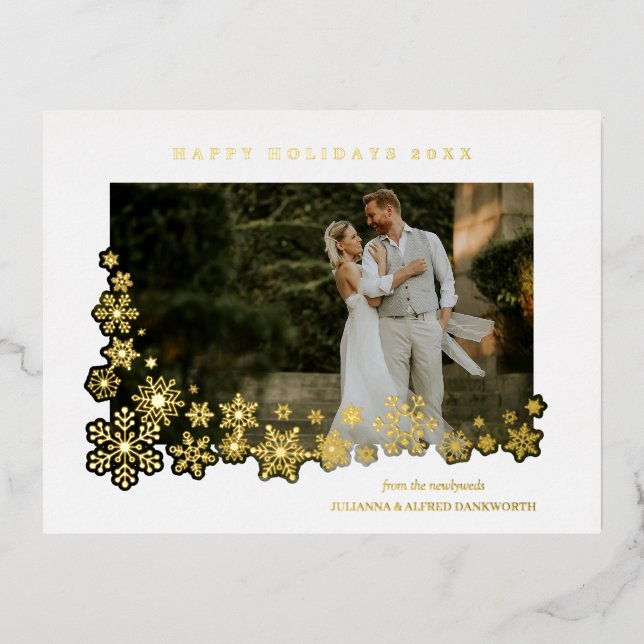 Newlyweds First Christmas Snowflakes Frame Photo Foil Holiday Postcard (Front)