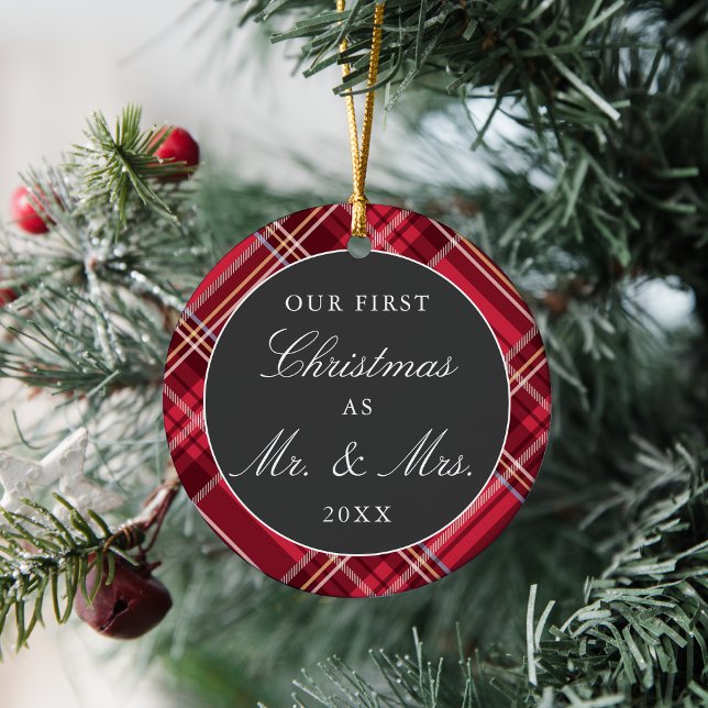 Newlyweds First Christmas Tartan | Holiday Photo Ceramic Tree Decoration (Creator Uploaded)