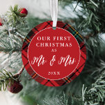 Newlyweds First Christmas Tartan Holiday Photo Ornament<br><div class="desc">This elegant holiday photo ornament features a round shape with a classic red tartan and text that says "Our first Christmas as Mr. & Mrs." and the year. The reverse side accommodates one photo. A wonderful holiday gift for any newlyweds,  including yourselves!</div>