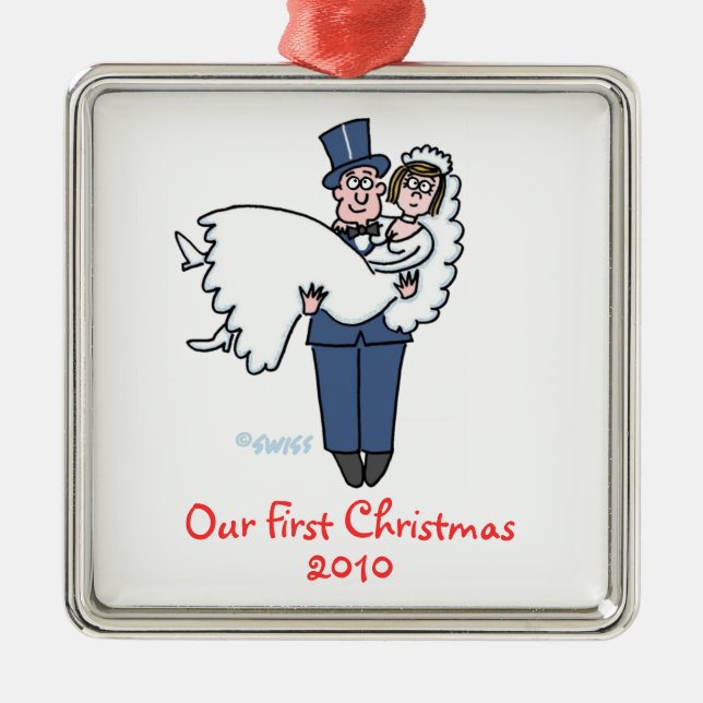 Newlyweds First Christmas Together Cartoon Metal Tree Decoration (Front)
