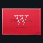 Newlyweds Gift Monogram Initial Script Rustic Red  Placemat<br><div class="desc">Wedding Gift, Newlyweds Gift Monogram Initial Personalised Family Name Script Rustic Chic Red Cloth Placemat. Personalised white monogram design with the newlywed bride and groom's last name and date established in black lettering on a rich red background. A unique gift for newlyweds. Lovely for their new life together. Also a...</div>