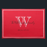 Newlyweds Gift Monogram Initial Script Rustic Red  Placemat<br><div class="desc">Wedding Gift, Newlyweds Gift Monogram Initial Personalised Family Name Script Rustic Chic Red Cloth Placemat. Personalised white monogram design with the newlywed bride and groom's last name and date established in black lettering on a rich red background. A unique gift for newlyweds. Lovely for their new life together. Also a...</div>