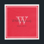 Newlyweds Gift Monogram Name Script Red Paper Napkin<br><div class="desc">Newlyweds Gift Monogram Name Script Red Paper Napkins. Standard Luncheon size only available. Personalised white monogram design with the newlywed bride and groom's last name and date established printed in black lettering on a rich red background. A unique gift for newlyweds. Lovely for their new life together. Also a beautiful...</div>
