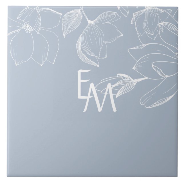 NEWLYWEDS GIFTS Dusty Blue White Magnolia MONOGRAM Tile (Front)