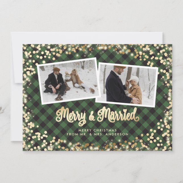 Newlyweds Green Plaid Gold Photo Christmas Holiday Card (Front)