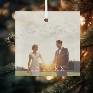 Newlyweds Just Married Wedding Date Photo Glass Tree Decoration