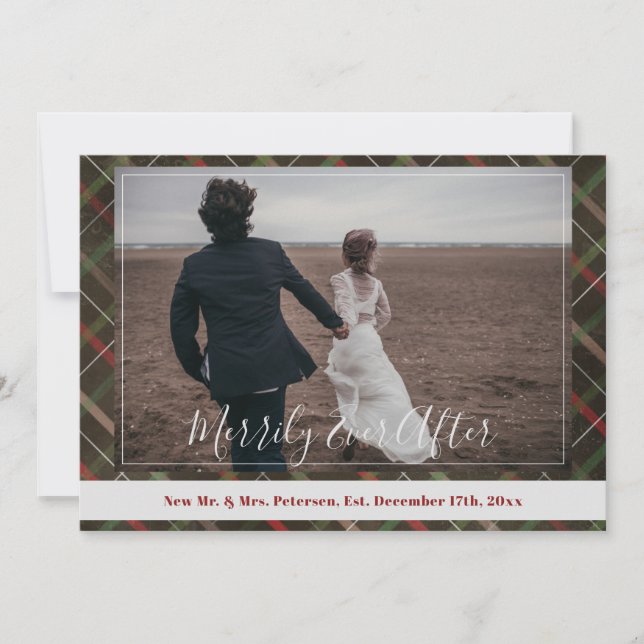 Newlyweds Merrily Ever After Christmas plaid photo Holiday Card (Front)