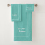 Newlyweds Mr & Mrs Personalised Bath Towel Set<br><div class="desc">Stylish Mr and Mrs personalised towel set for the newlywed bride and groom in light teal and white with editable script,  name and established wedding date</div>