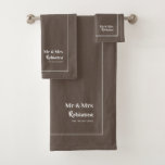 Newlyweds Mr & Mrs Personalised Bath Towel Set<br><div class="desc">Stylish Mr and Mrs personalised towel set for the newlywed bride and groom in brown and white with editable script,  name and established wedding date</div>